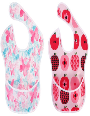 Mom Choice Waterproof Baby Bibs Set of Two Infant 6-24 Months with Pocket Washable Stain Oil and Odor Resistant